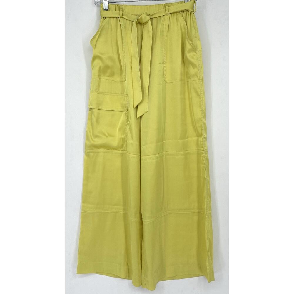 New Hutch Anthro Satin Chartreuse High Belted Wide Culotte Utility Flap Pkt S - Picture 2 of 11